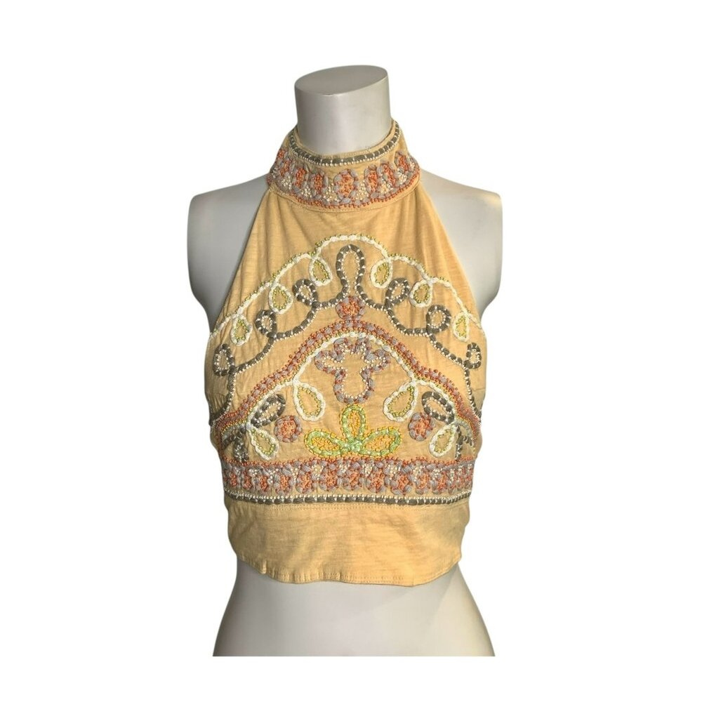 NWT Free People Nectar Halter Crop Top XS Embroidered Boho Eclectic Festival